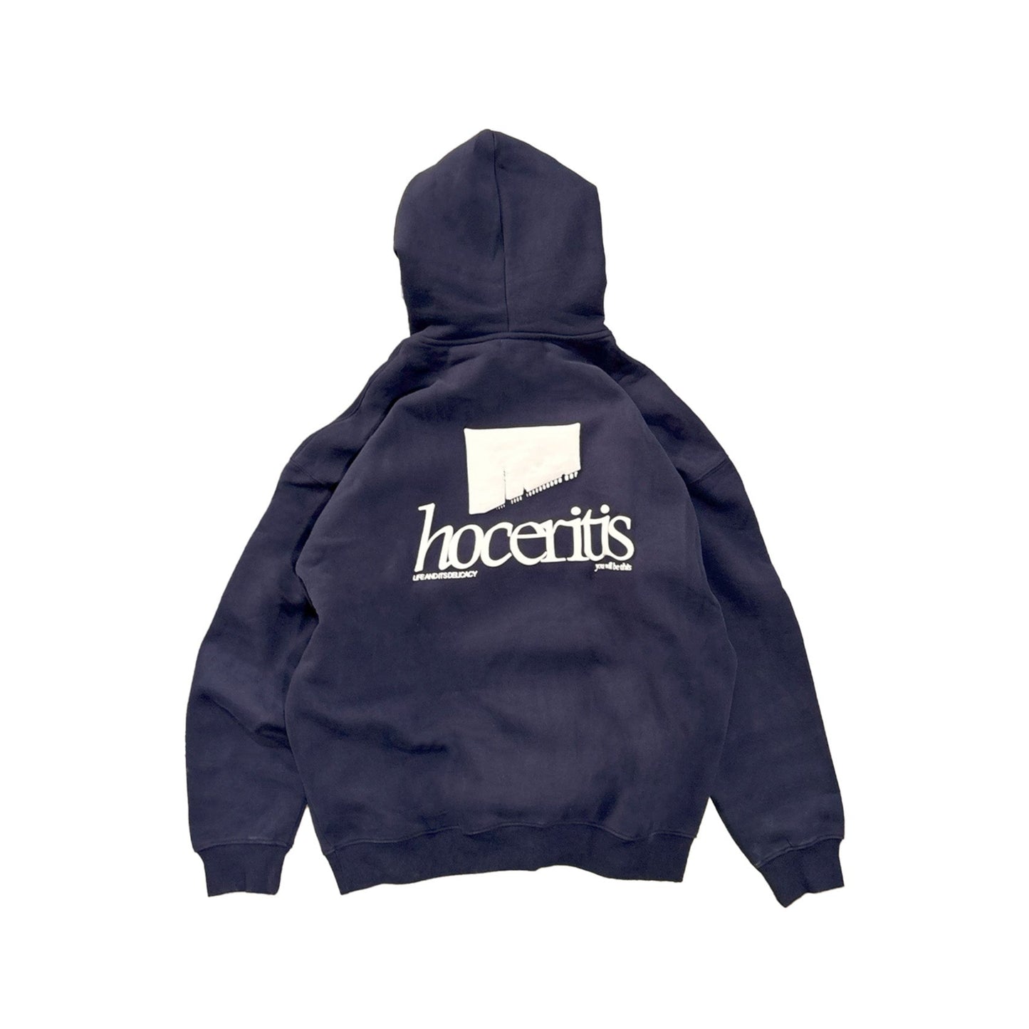 Navy blue hoodie with 'hoceritis' logo on the back against a white background