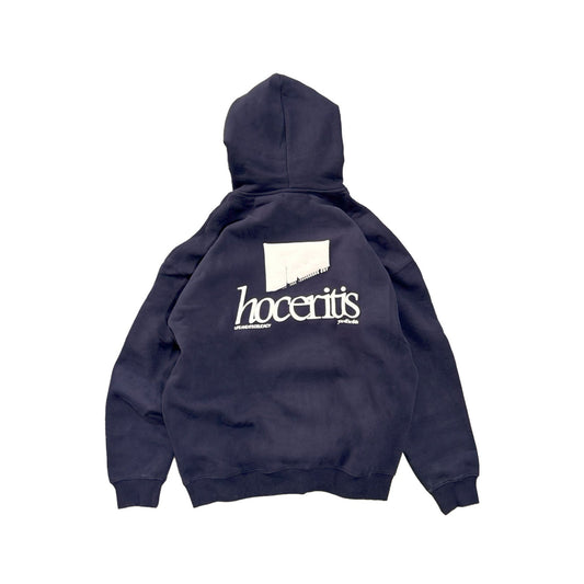 Navy blue hoodie with 'hoceritis' logo on the back against a white background