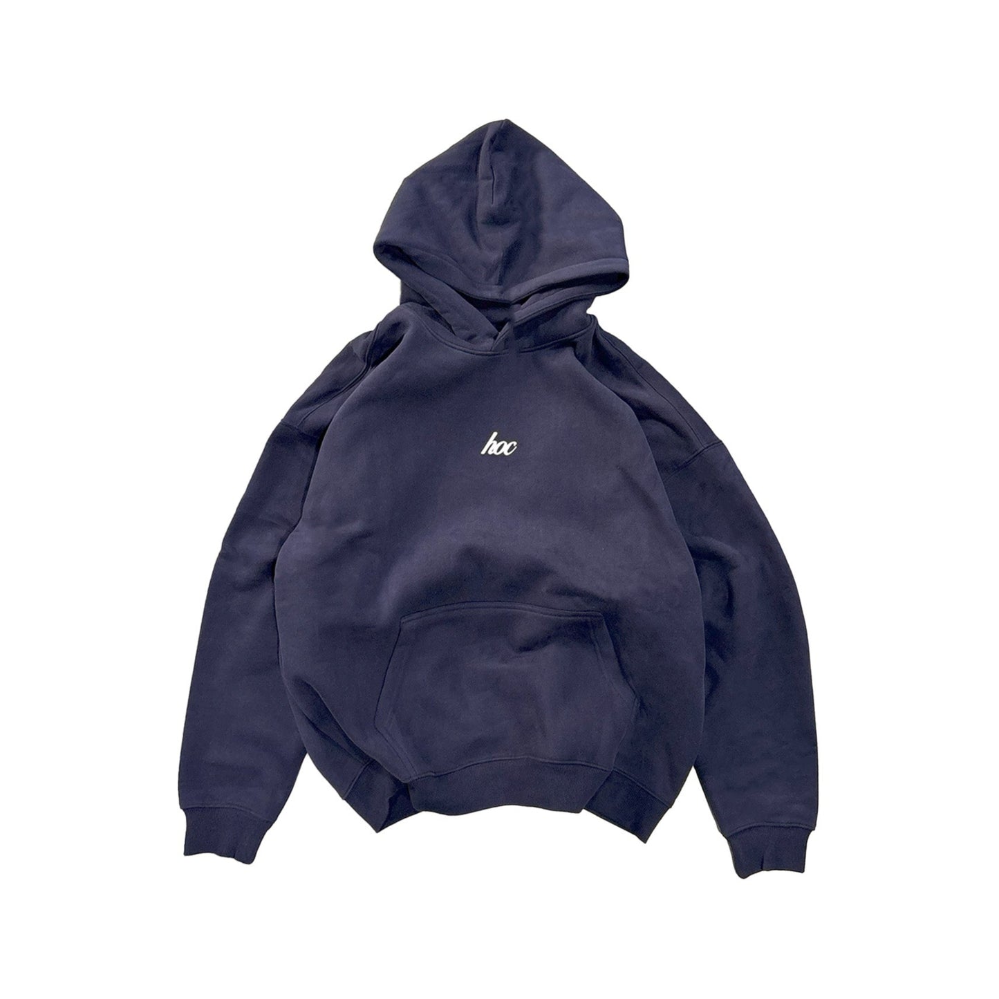 Navy blue hoodie with small white hoc logo on a white background