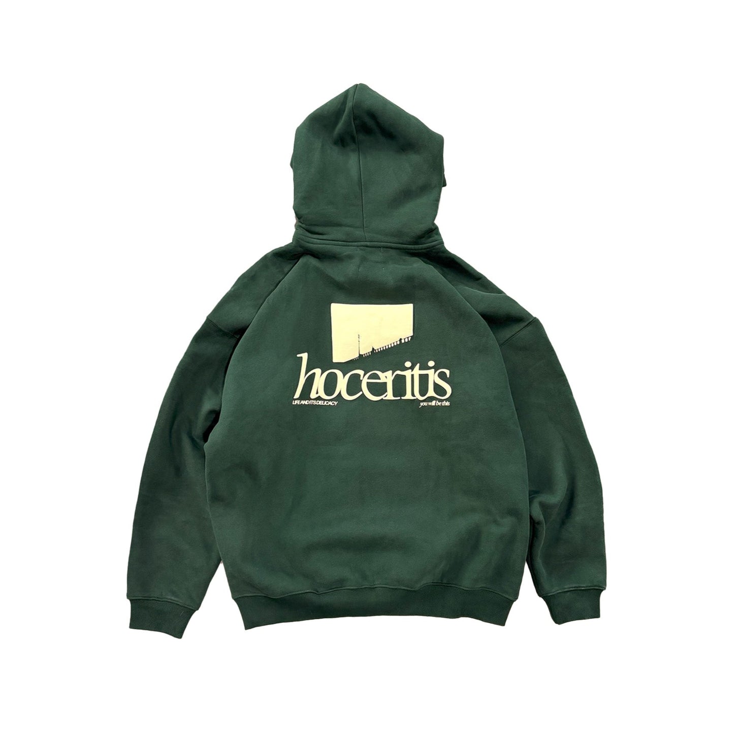 Green hoodie with 'hoceritis' logo on the back against a white background