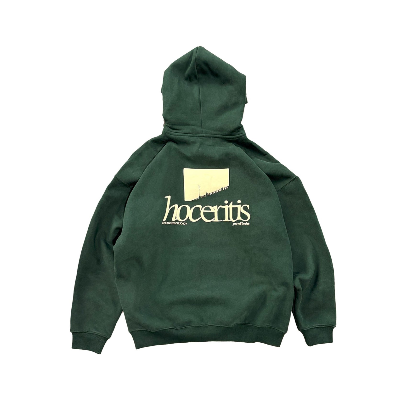 Green hoodie with 'hoceritis' logo on the back against a white background