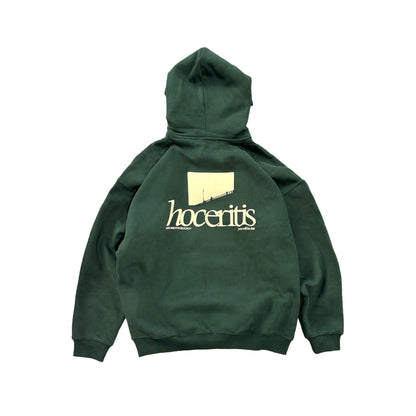 Green hoodie with 'hoceritis' logo on the back against a white background