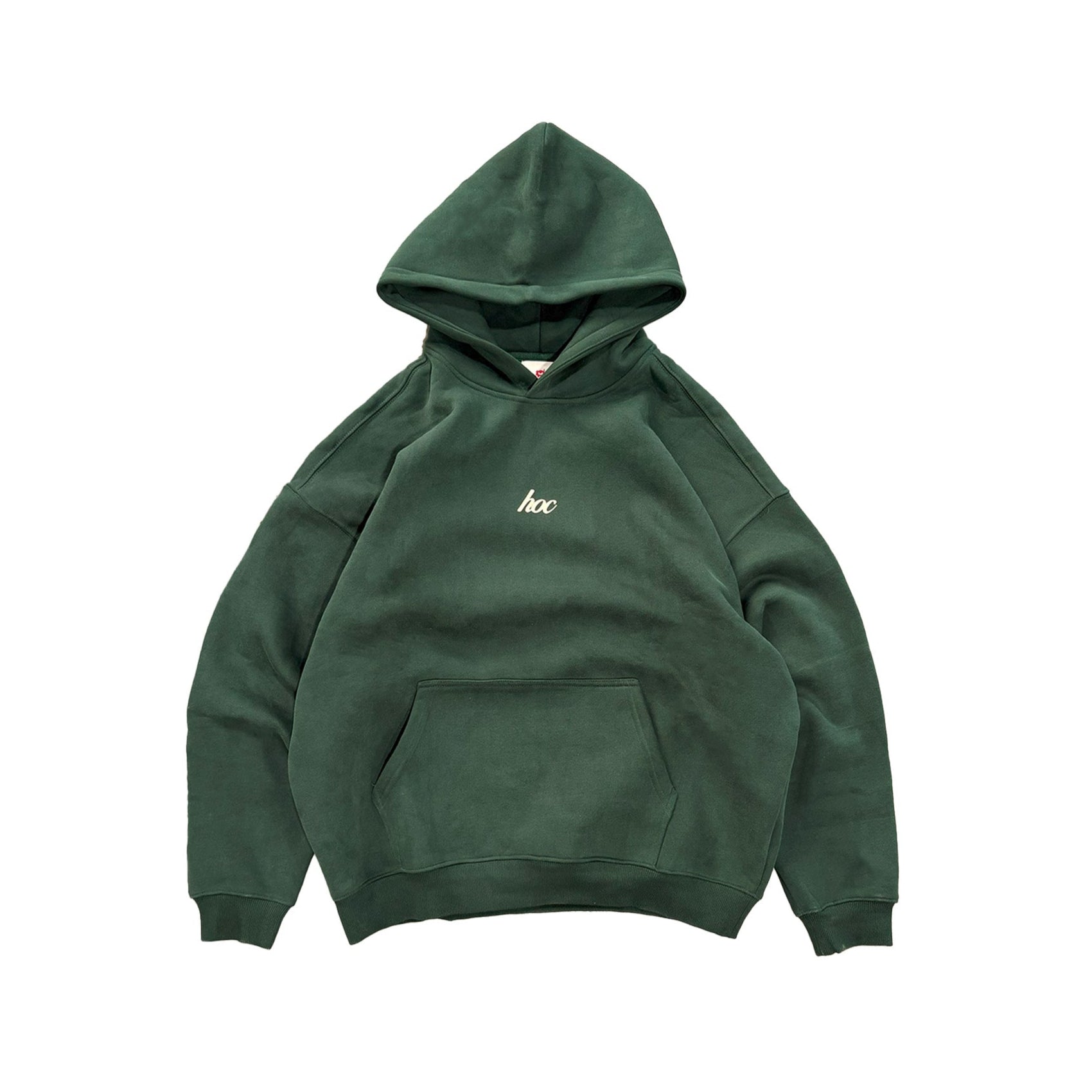 Green hoodie with a small white hoc logo on a white background